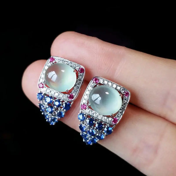 Original new silver diamond natural ice egg round chalcedony earrings luxury high-end elegant ladies jewelry