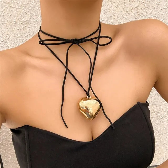 Ingemark Goth Black Velvet Big Heart Pendant Choker Necklace Women Knotted Bowknot Adjustable Rope Chain Jewelry Wed Accessories