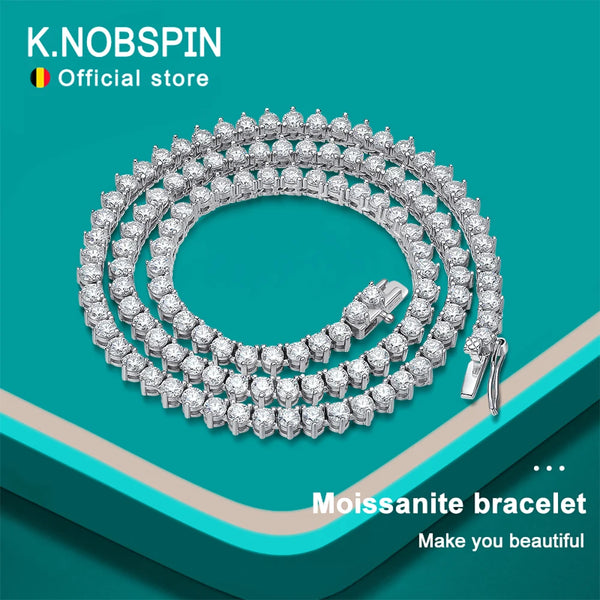 KNOBSPIN 3 Claw D VVS1 Moissanite Tennis Necklace 925 Sterling Silver Plated 18k White Gold with GRA Fine Necklace for Women Man