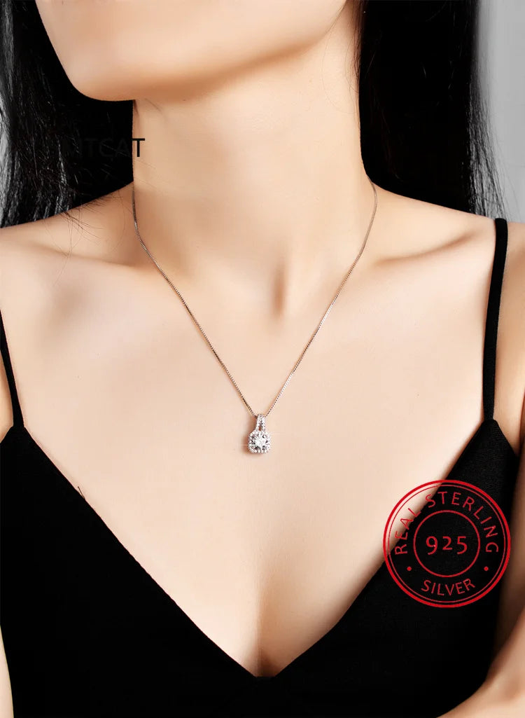 Full Moissanite Square Pendant Necklace Center 1CT Round Cut Diamond Emerald Cut Halo Design Necklace 14K Plated Silver Jewelry