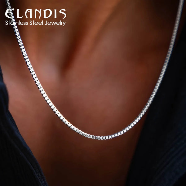 ELANDIS Stainless Steel Waterproof Platinum Charm 1.5MM Box Chain Necklace in White Golden Men's  Fine Gift Jewelry Dropshipping