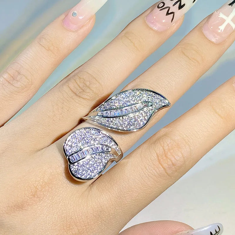 925 Silver Exaggerated Micro-set Zircon Ring Temperament Large Willow Leaf Full Diamond Ring Female Party Wedding Jewelry Gift