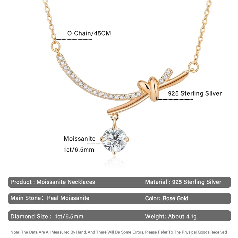 1CT D Color Moissanite Diamond Bowknot Pendants Necklace For Women 925 Sterling Silver Elegant Luxury Wedding Party Jewelry Gift