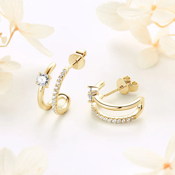 Triple Side Hoops Earrings Half Open Cuff Real 925 Silver Piercing Ear Moissanite Stud Earrings for Women Korean Jewelry