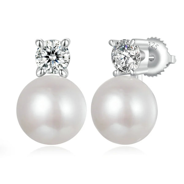 BAMOER Moissanite 925 Sterling Silver Freshwater Pearl Stud Earrings VVS1 Lab Created Diamond Wedding Earrings for Women Gift
