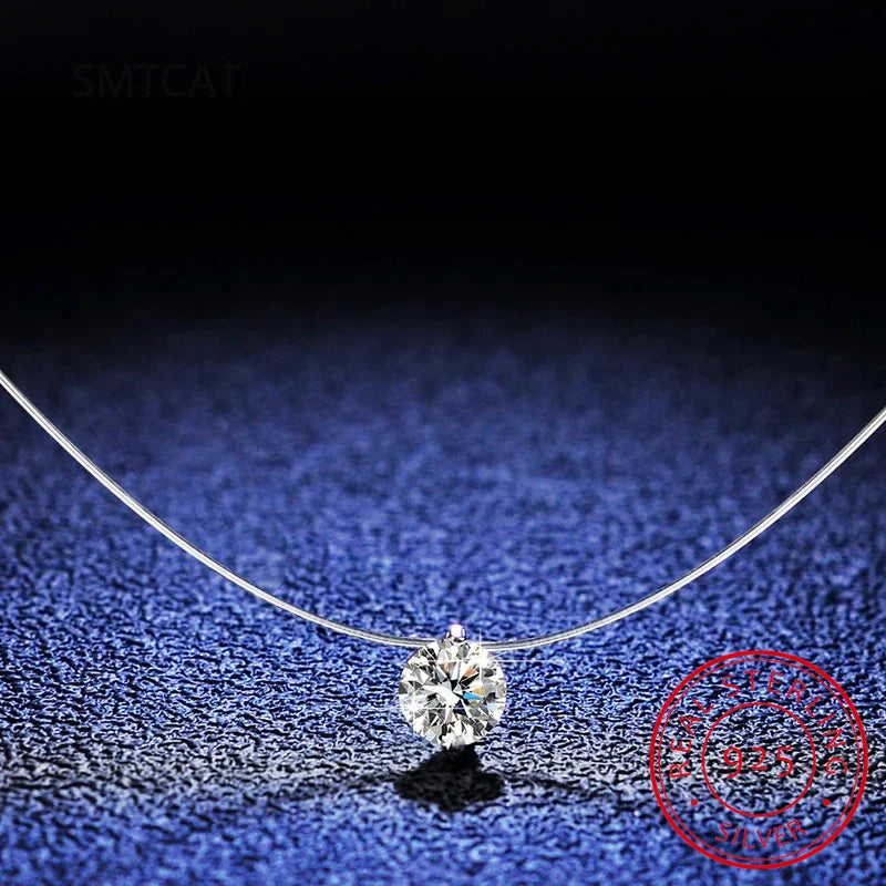 S925 Sterling Silver 1ct D VVS1 Diamond with GRA Moissanite Fishing Line Pendant Necklace for Women Sparkling Fine Jewelry