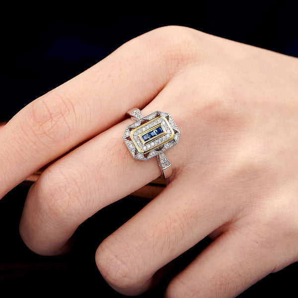Vintage Engagement Wedding Rings for Women Real 925 Sterling Silver White & Gold Color Blue AAAAA Zircon Cocktail Ring