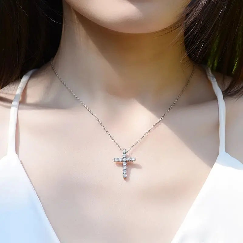 Full Moissanite Cross Pendant Necklace Original 925 Sterling Sliver Chain Plated 18k White Gold Fine Necklace for Women Jewelry