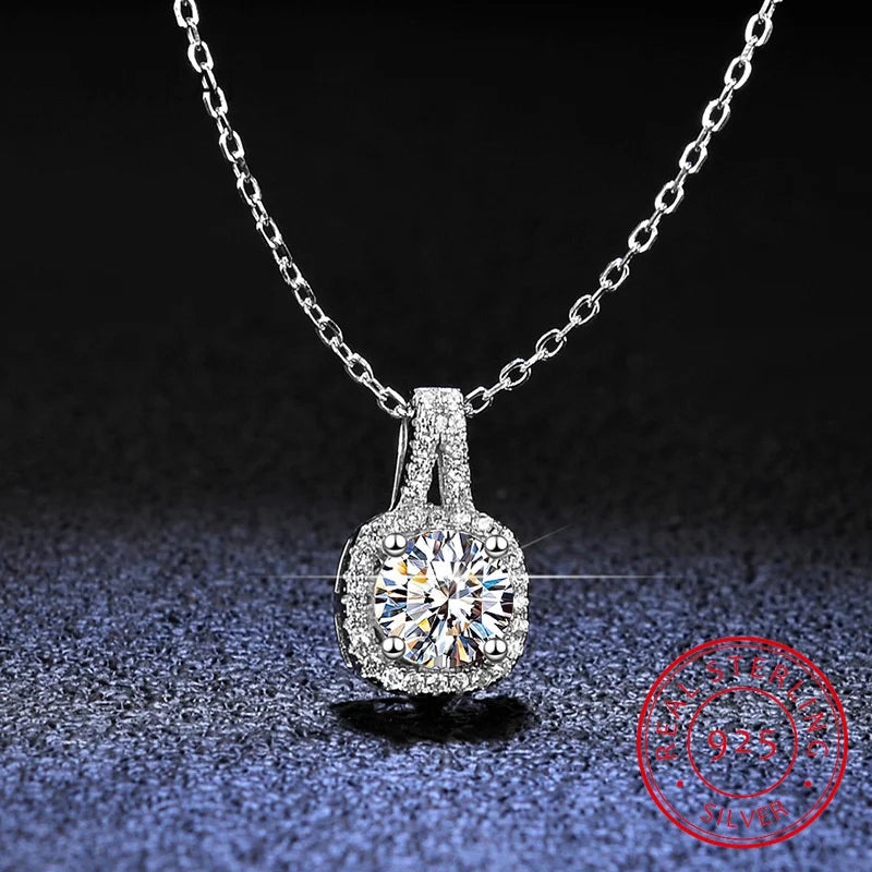 Full Moissanite Square Pendant Necklace Center 1CT Round Cut Diamond Emerald Cut Halo Design Necklace 14K Plated Silver Jewelry