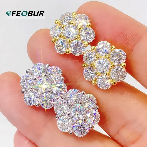 FEOBUR 7ct 14 Stones Full Moissanite Stud Earrings for Women 925 Sterling Silver Flower Shape Diamond Earring Wedding Jewelry