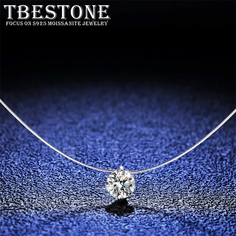 Tbestone 1ct Moissanite Diamond S925 Sterling Silver Invisible Transparent Fishing Line Clavicle Chain Necklace Women's Jewelry