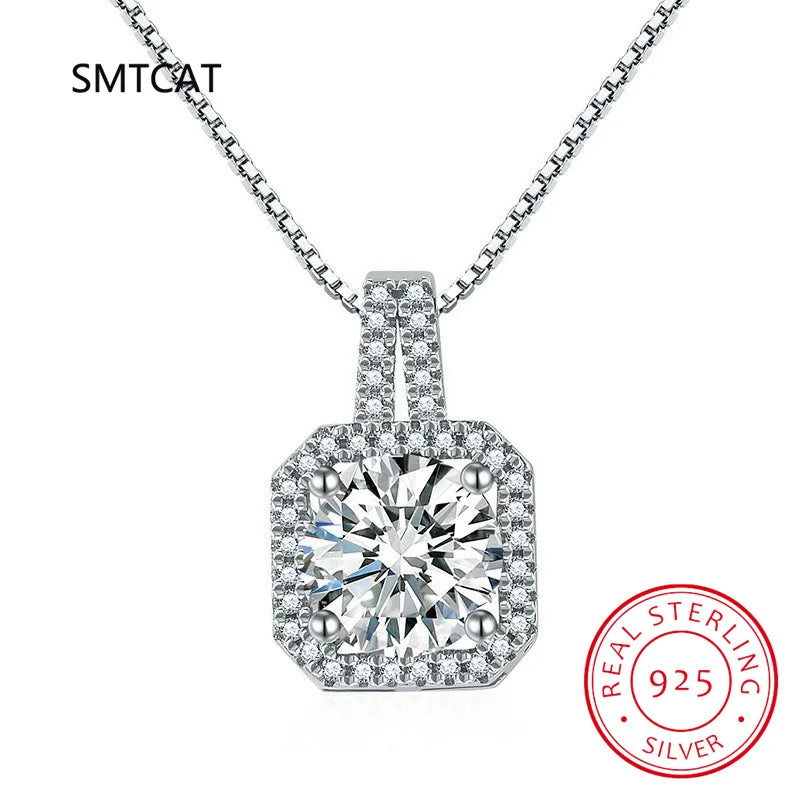 Full Moissanite Square Pendant Necklace Center 1CT Round Cut Diamond Emerald Cut Halo Design Necklace 14K Plated Silver Jewelry