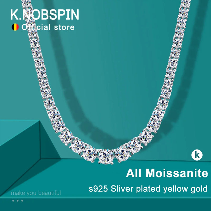 KNOBSPIN D Color Moissanite Tennis Necklace 925 Sterling Sliver Plated 18k Gold Necklace for Woman Man Hiphop Party Jewelry