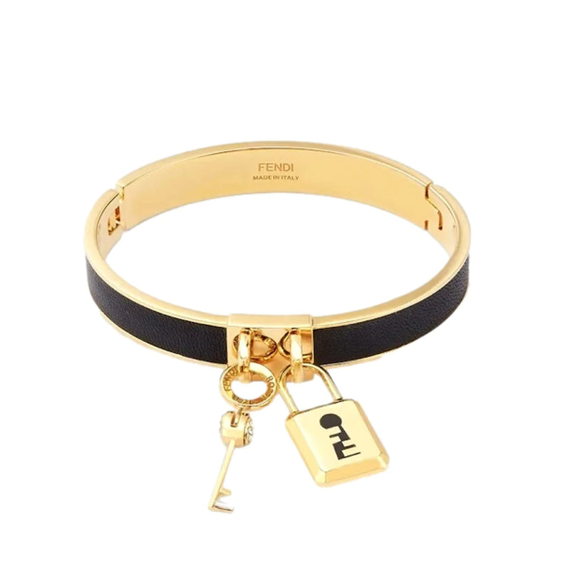 Fendi Master Key Black Leather Gold Small Bracelet