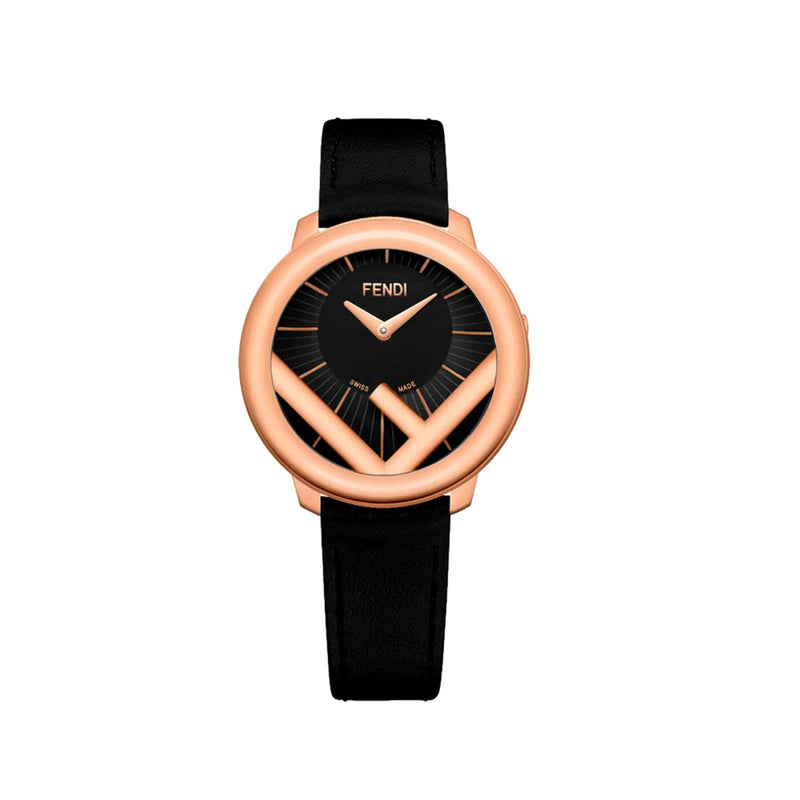 Fendi Run Away Rose Gold Black Calf Leather Fashion Watch 36 MM