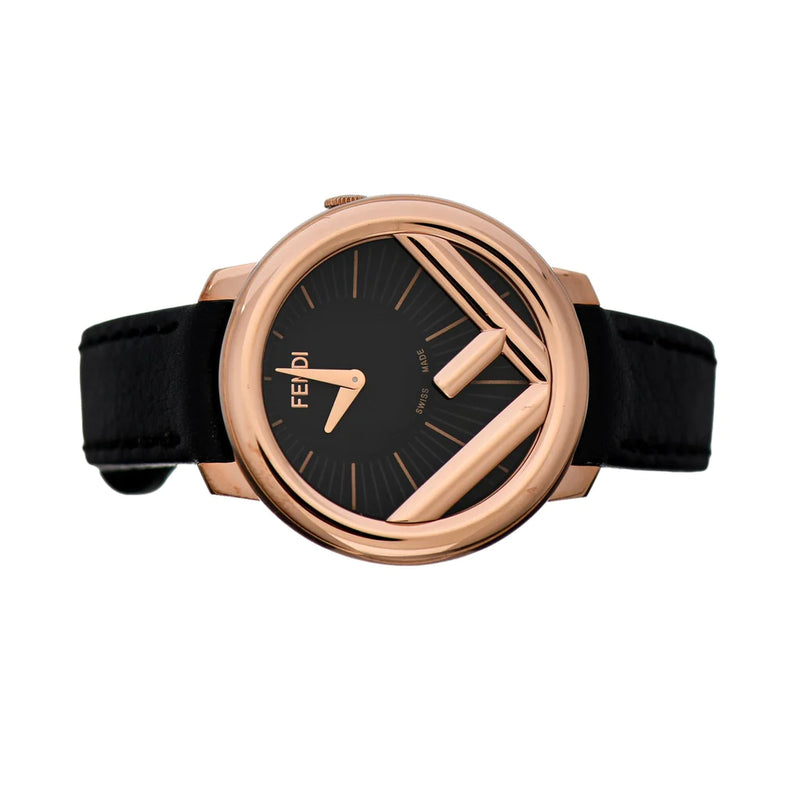 Fendi Run Away Rose Gold Black Calf Leather Fashion Watch 36 MM