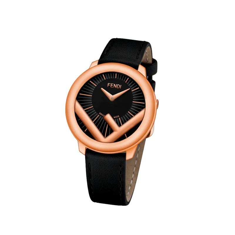 Fendi Run Away Rose Gold Black Calf Leather Fashion Watch 36 MM