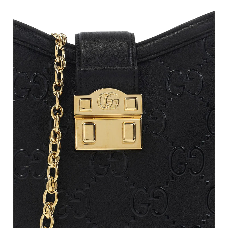 Gucci GG Black Embossed Pebbled Leather Gold Chain Shoulder Bag