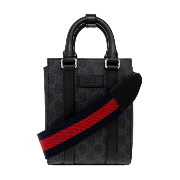 Gucci GG Supreme Monogram Black Canvas Leather Trim Web Strap Mini Tote Bag  AVAILABILITY: Usually s