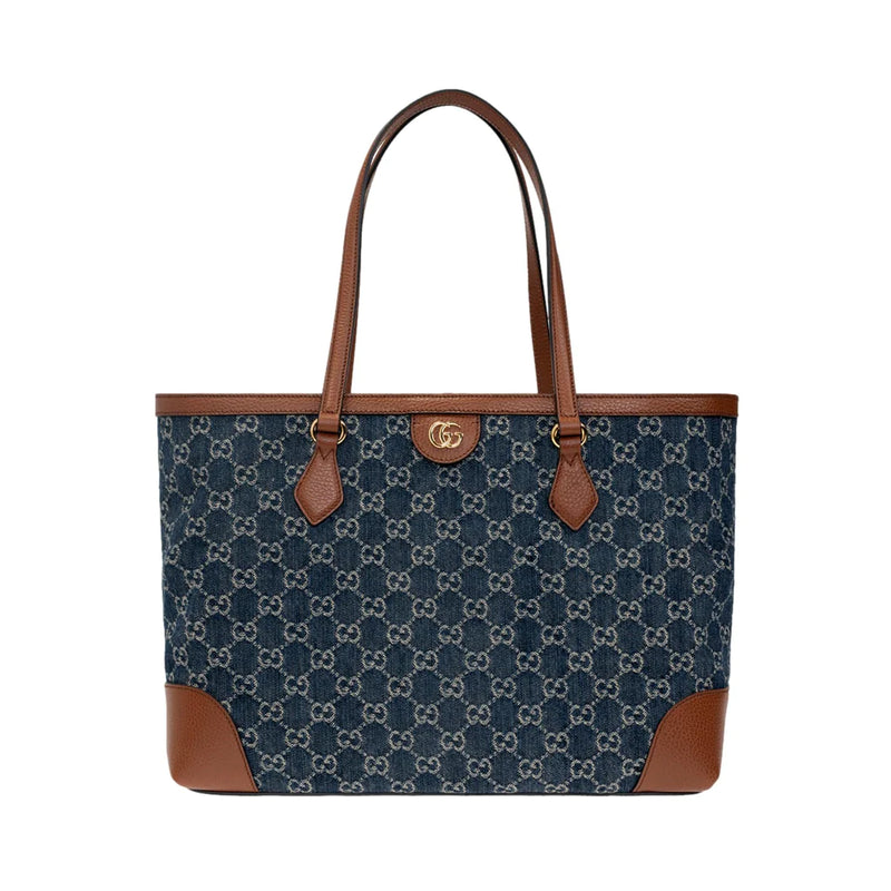 Gucci Ophidia GG Denim Leather Trim Medium Shopping Tote