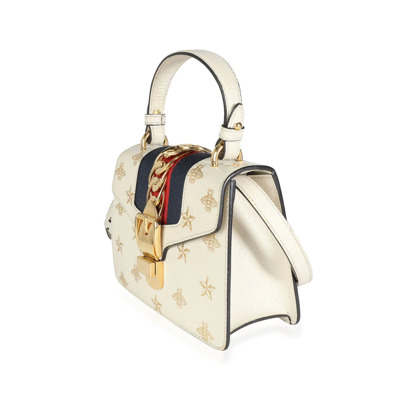 Gucci White Calfskin Mini Sylvie Bee Star Top Handle Bag