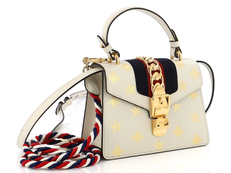 Gucci White Calfskin Mini Sylvie Bee Star Top Handle Bag