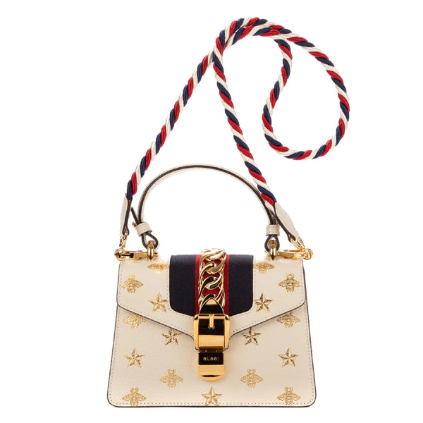 Gucci White Calfskin Mini Sylvie Bee Star Top Handle Bag