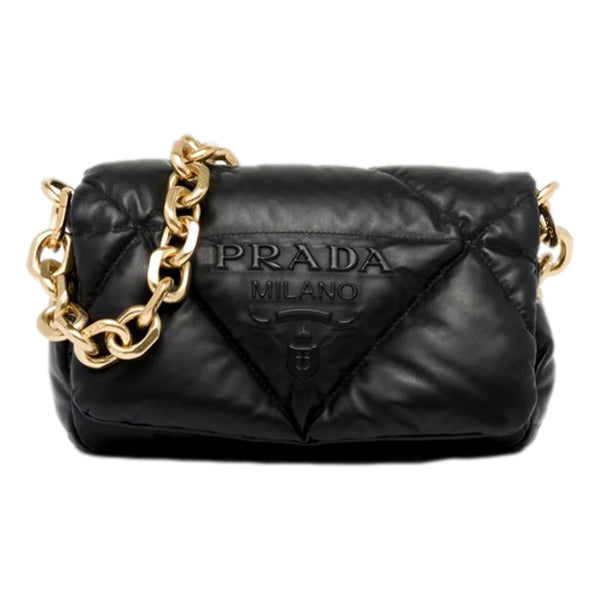 Prada Embossed Logo Black Quilted Soft Nappa Leather Shoulder Bag