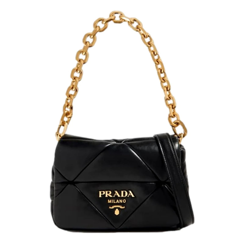 Prada Gold Logo Black Quilted Nappa Patch Leather Small Shoulder Bag