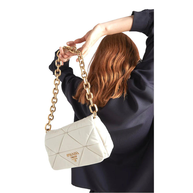 Prada Gold Logo Ivory Quilted Nappa Patch Leather Shoulder Bag