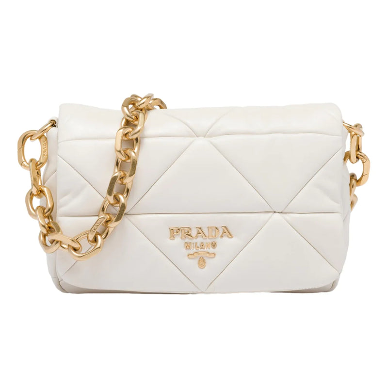 Prada Gold Logo Ivory Quilted Nappa Patch Leather Shoulder Bag