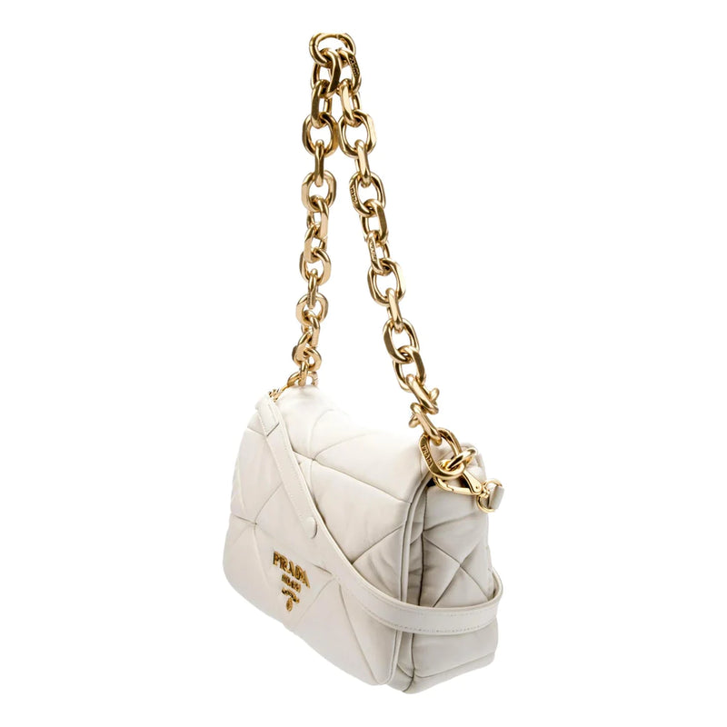 Prada Gold Logo Ivory Quilted Nappa Patch Leather Shoulder Bag