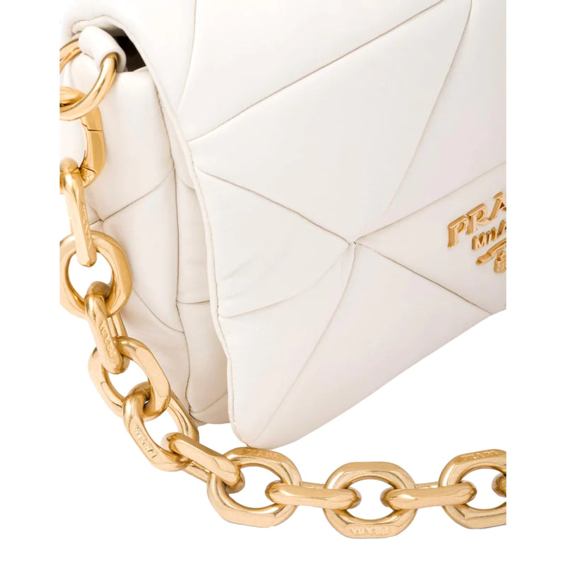 Prada Gold Logo Ivory Quilted Nappa Patch Leather Shoulder Bag