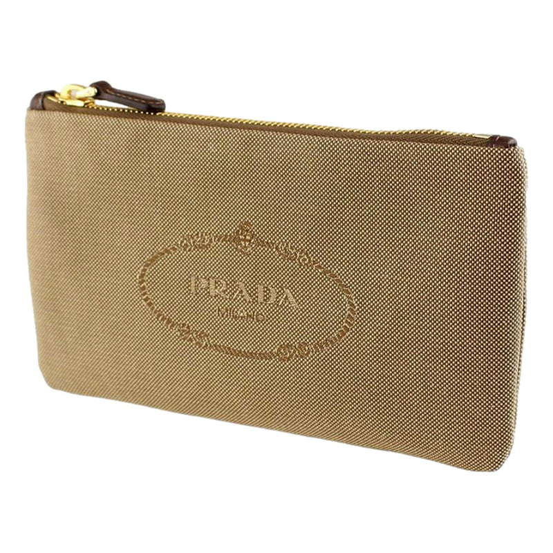 Prada Logo Jacquard Beige Canvas Small Flat Pouch Clutch Bag