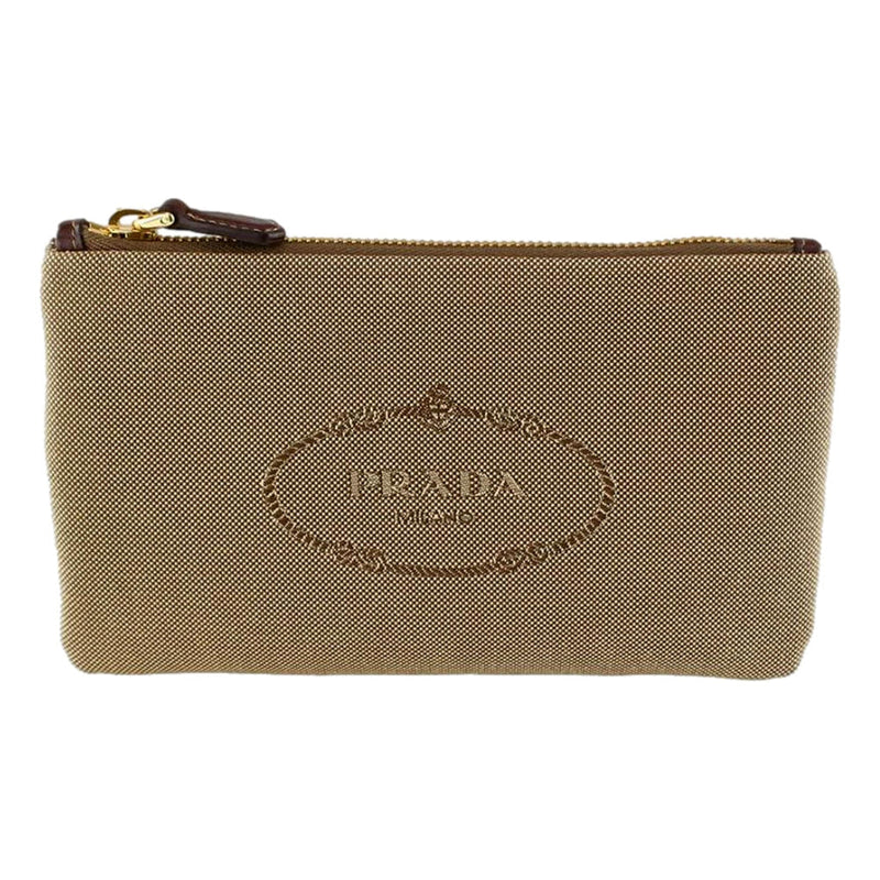 Prada Logo Jacquard Beige Canvas Small Flat Pouch Clutch Bag