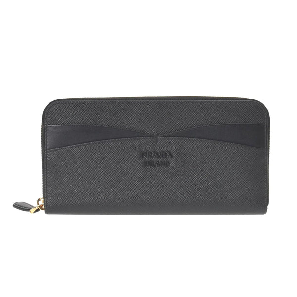 Prada Saffiano Waves Black Leather Zip Around Continental Wallet