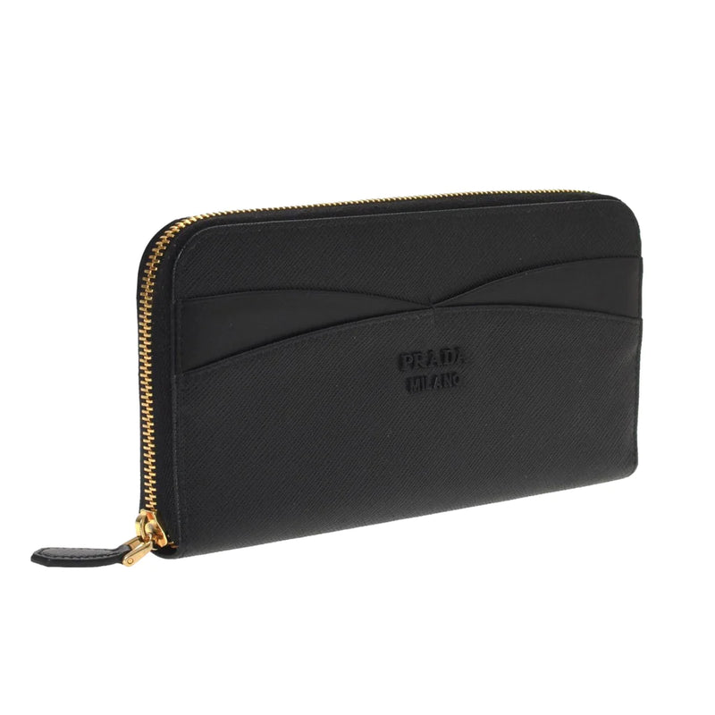 Prada Saffiano Waves Black Leather Zip Around Continental Wallet