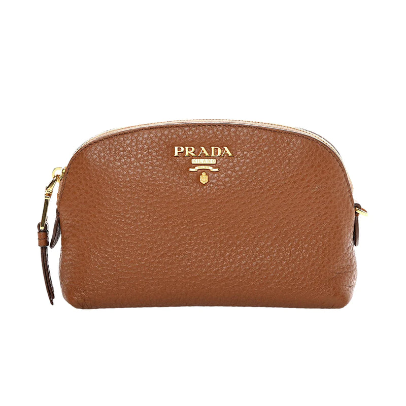 Prada Vitello Daino Cannella Brown Leather Small Cosmetic Case Clutch Bag